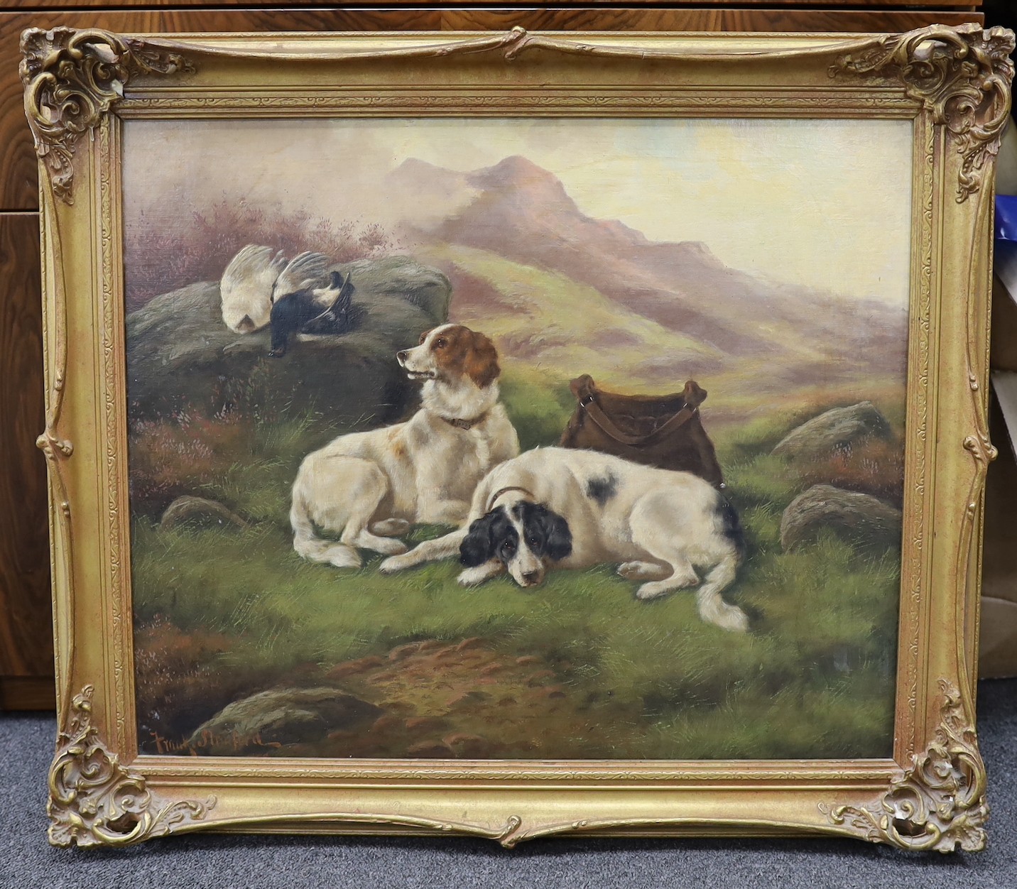 English school, oil on canvas, sporting scene of spaniels in landscape, signed, 49 x 59cm